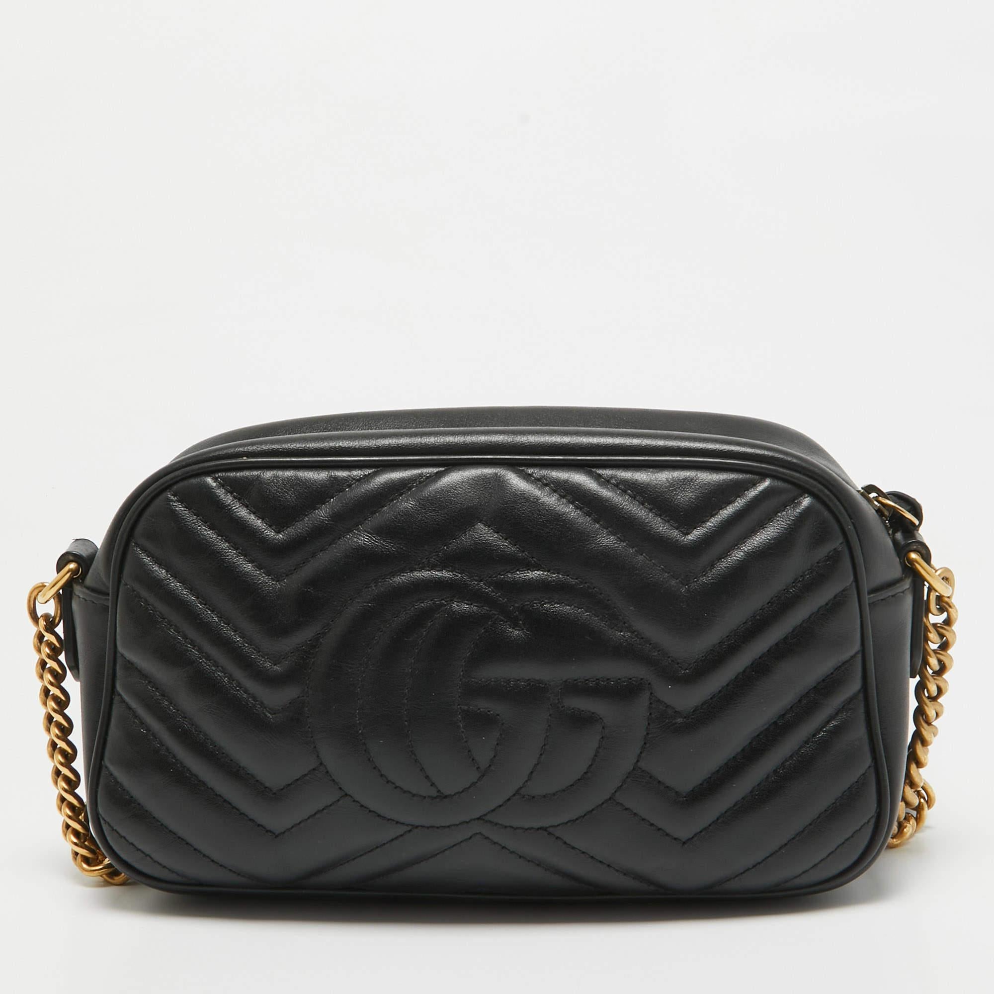 Women's Gucci Black Matelassé Leather Small GG Marmont Camera Shoulder Bag