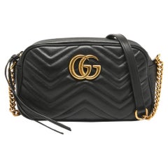 Gucci Black Matelassé Leather Small GG Marmont Camera Shoulder Bag