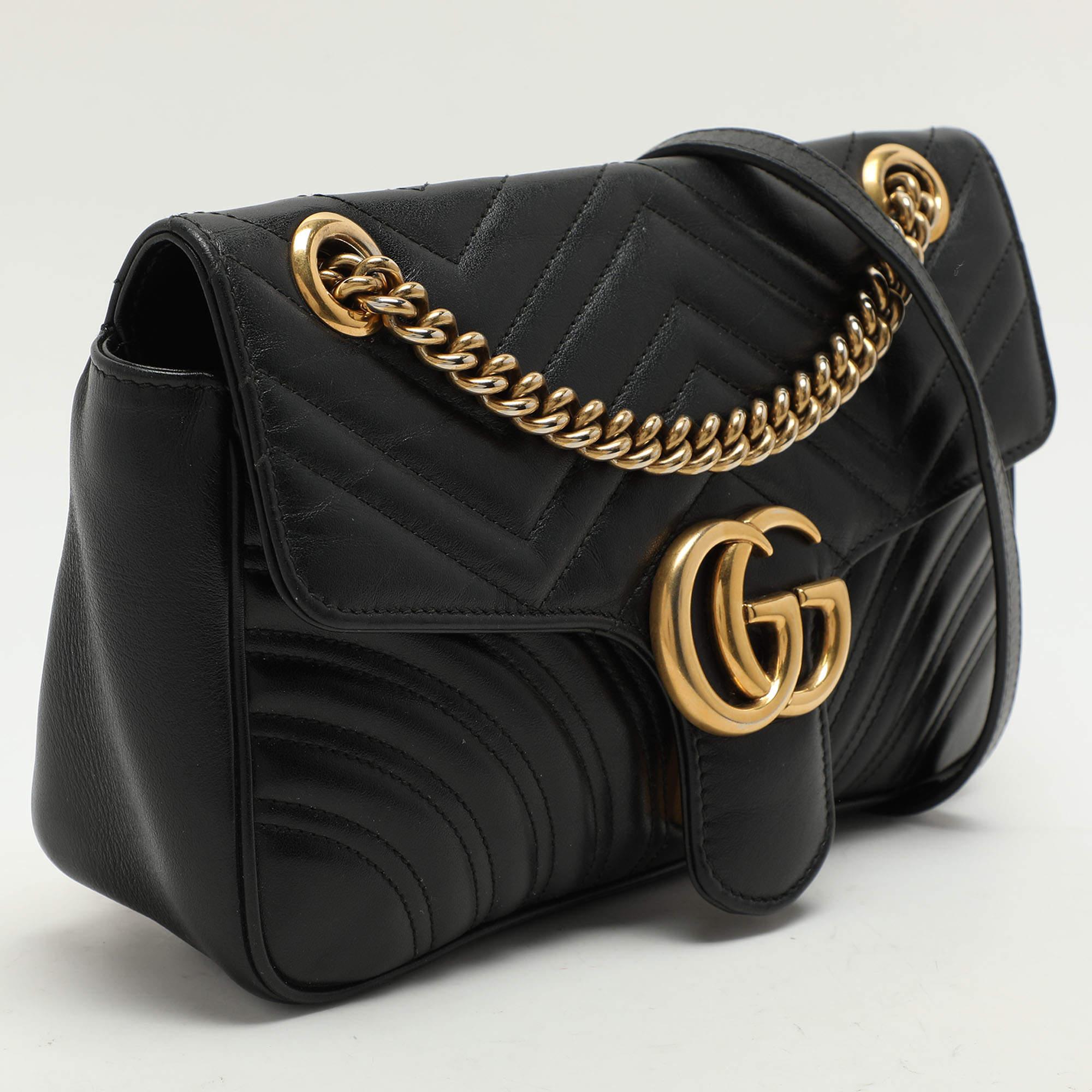 Gucci Black Matelassé Leather Small GG Marmont Shoulder Bag In Good Condition In Dubai, Al Qouz 2