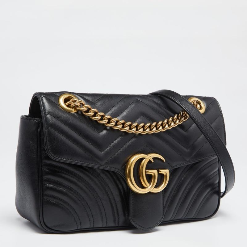 Women's Gucci Black Matelassé Leather Small GG Marmont Shoulder Bag