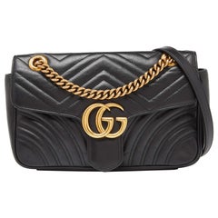 Used Gucci Black Matelassé Leather Small GG Marmont Shoulder Bag