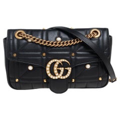 Gucci Black Matelassé Leather Small GG Marmont Shoulder Bag