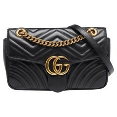 Used Gucci Black Matelassé Leather Small GG Marmont Shoulder Bag