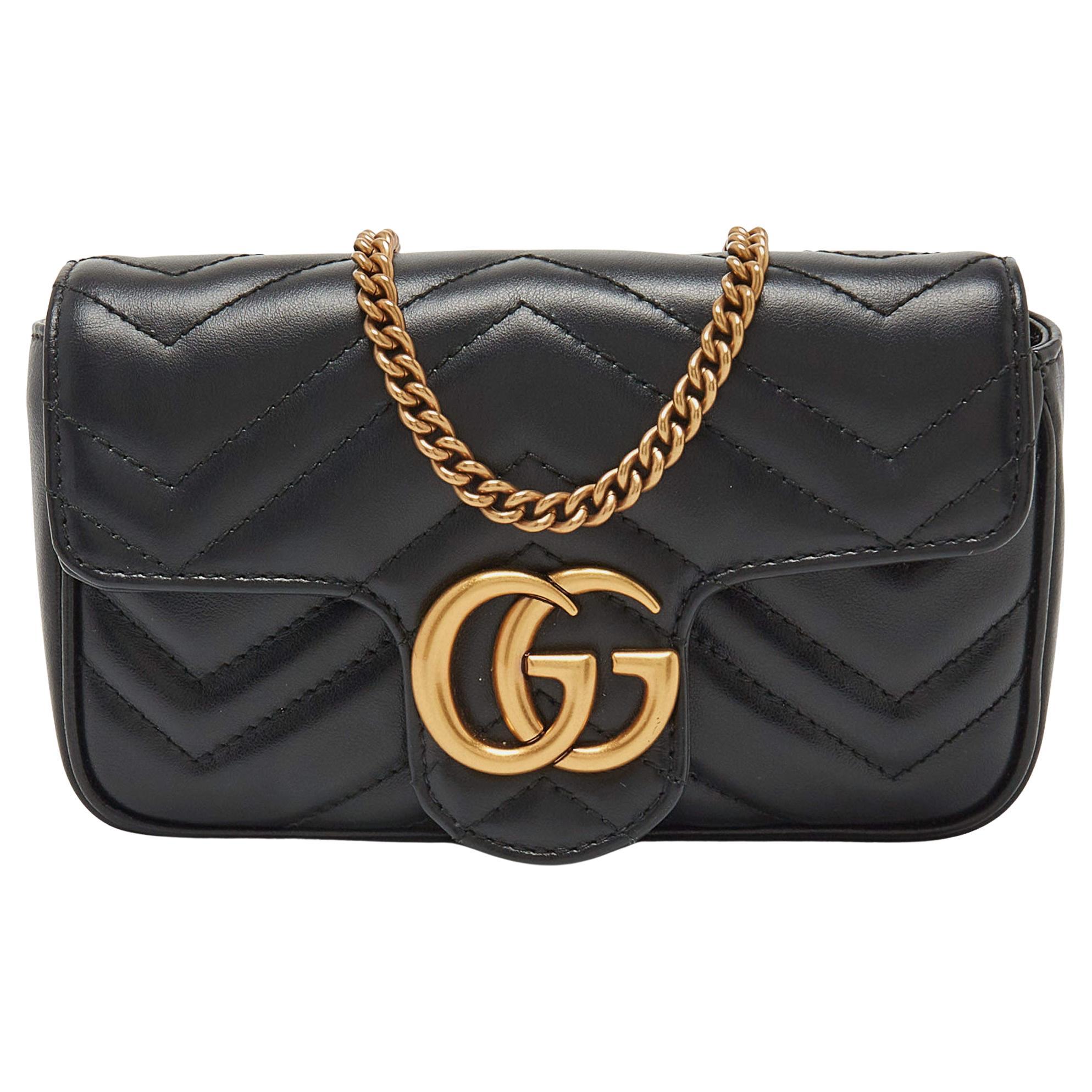 Gucci Black Matelassé Leather Super Mini GG Marmont Shoulder Bag