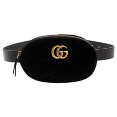 Gucci Black Matelasse Velvet and Leather GG Marmont Belt Bag