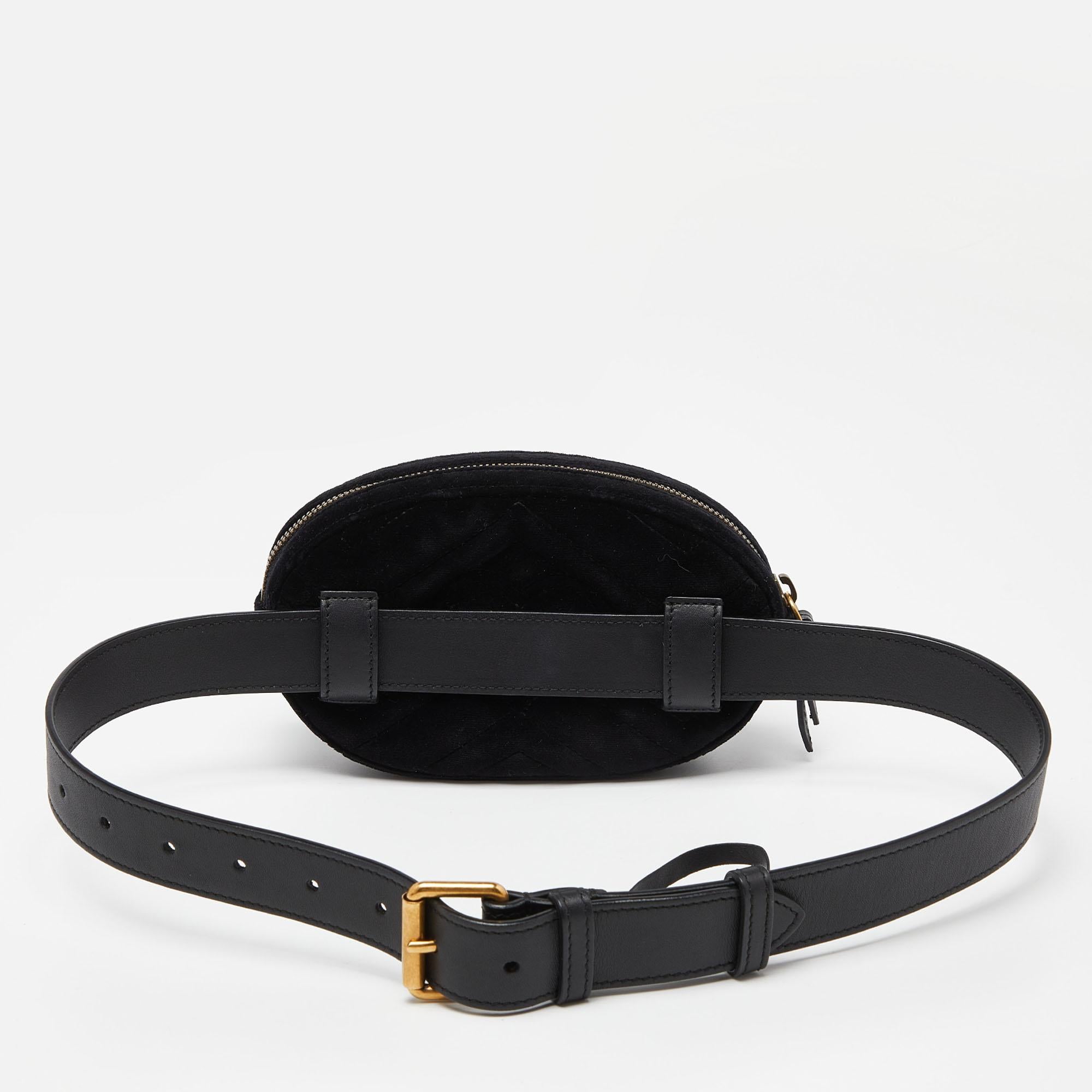 Women's Gucci Black Matelassé Velvet and Leather Mini GG Marmont Belt Bag For Sale