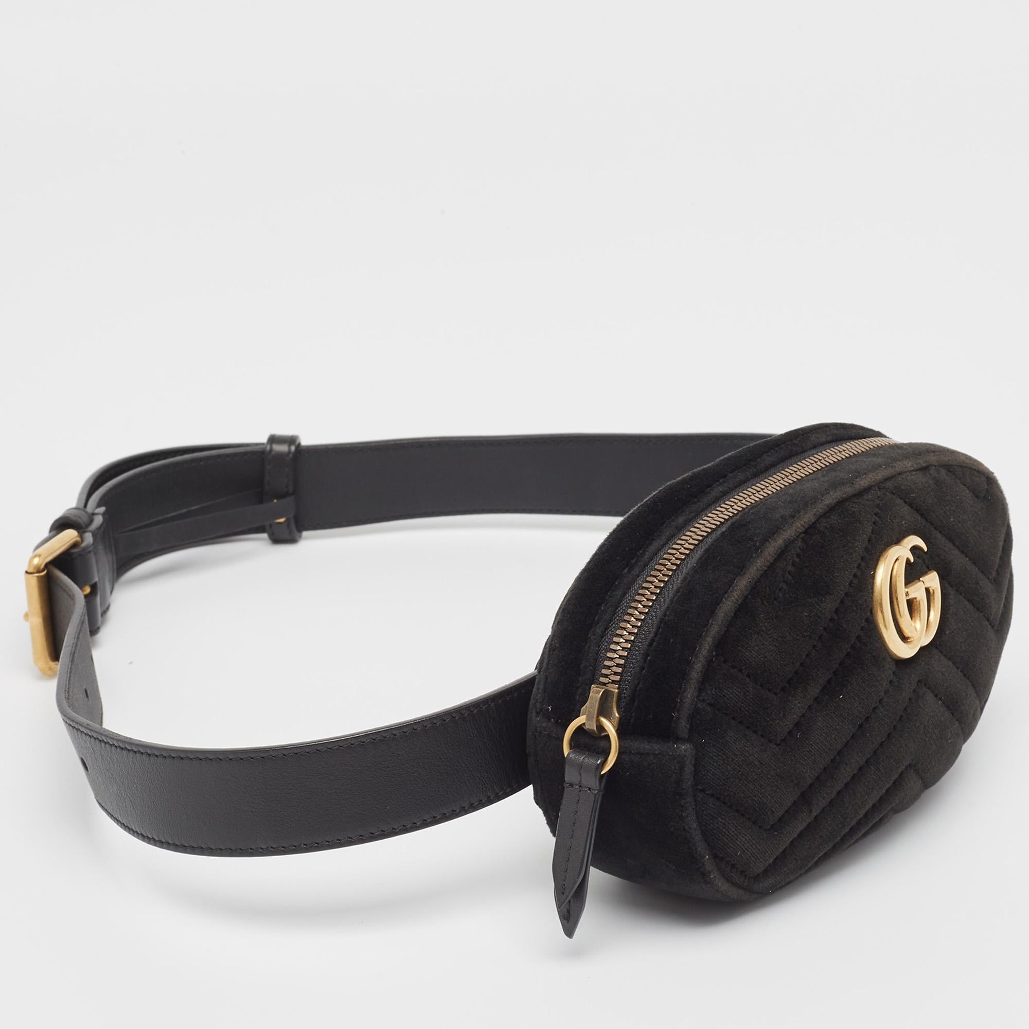 Women's Gucci Black Matelassé Velvet and Leather Mini GG Marmont Belt Bag