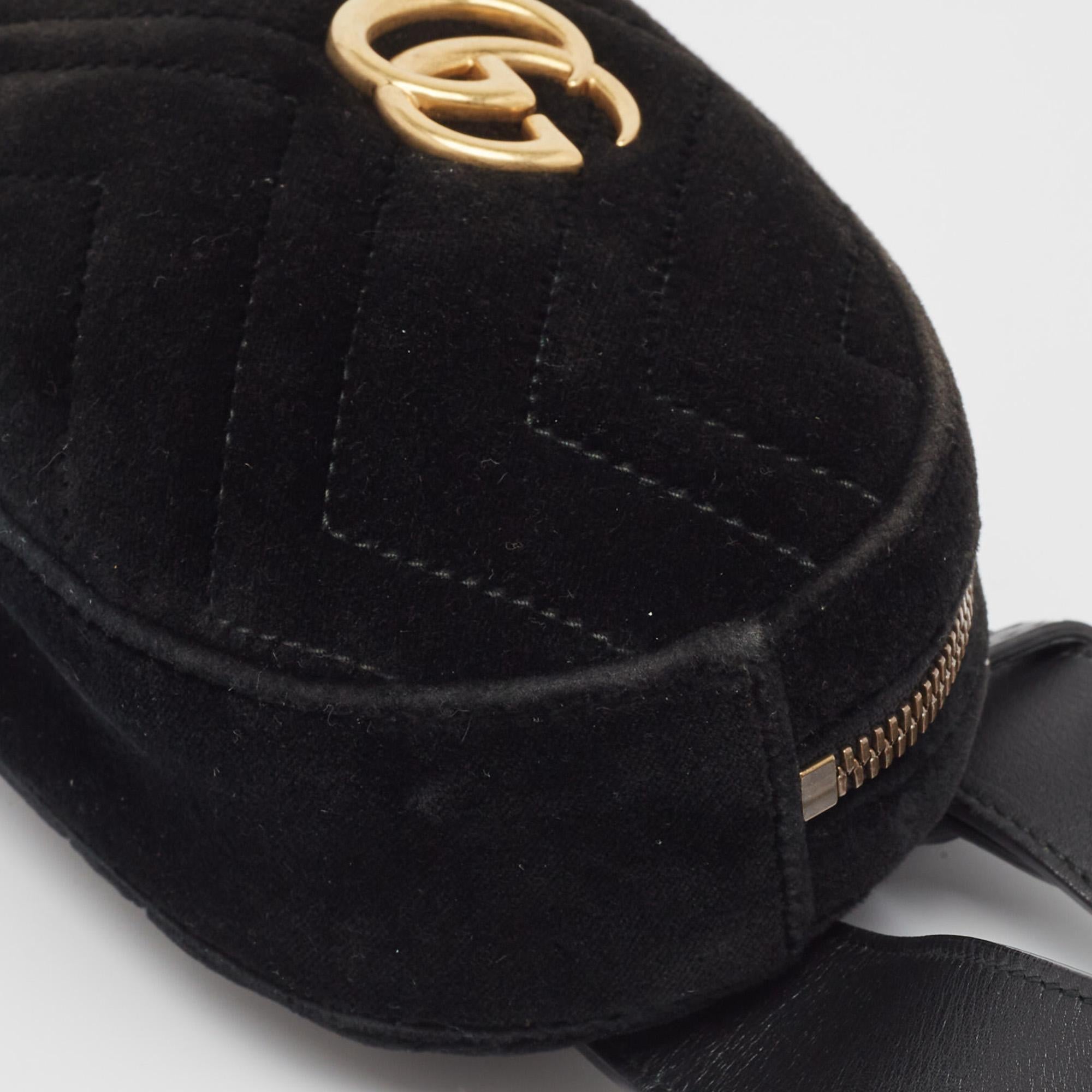Gucci Black Matelassé Velvet and Leather Mini GG Marmont Belt Bag For Sale 3