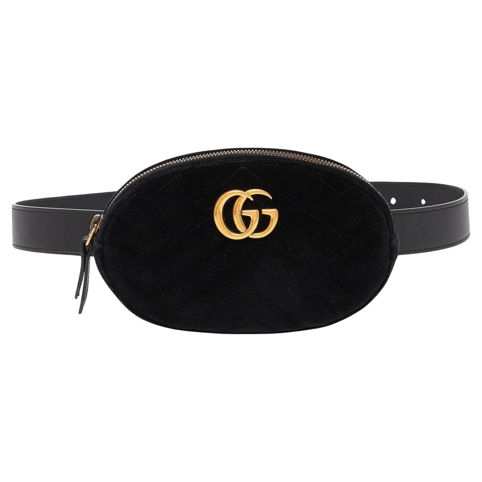 Gucci Black Matelassé Velvet and Leather Mini GG Marmont Belt Bag For Sale