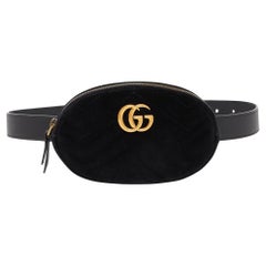 Used Gucci Black Matelassé Velvet and Leather Mini GG Marmont Belt Bag