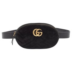 Gucci Black Matelassé Velvet and Leather Mini GG Marmont Belt Bag