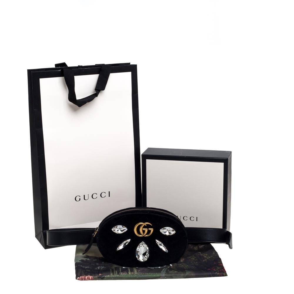 Gucci Black Matelassé Velvet Crystal Embellished GG Marmont Belt Bag 8