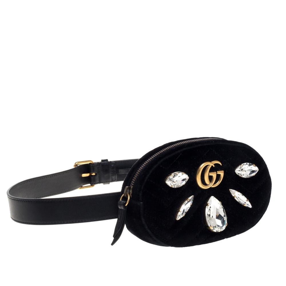 Women's Gucci Black Matelassé Velvet Crystal Embellished GG Marmont Belt Bag