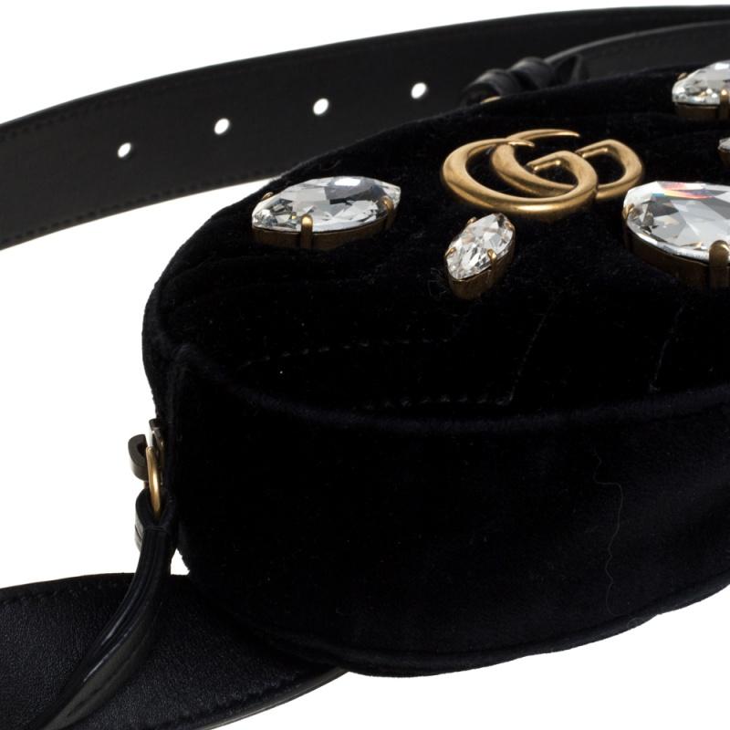 Gucci Black Matelassé Velvet Crystal Embellished GG Marmont Belt Bag 3
