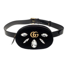 Gucci Black Matelassé Velvet Crystal Embellished GG Marmont Belt Bag