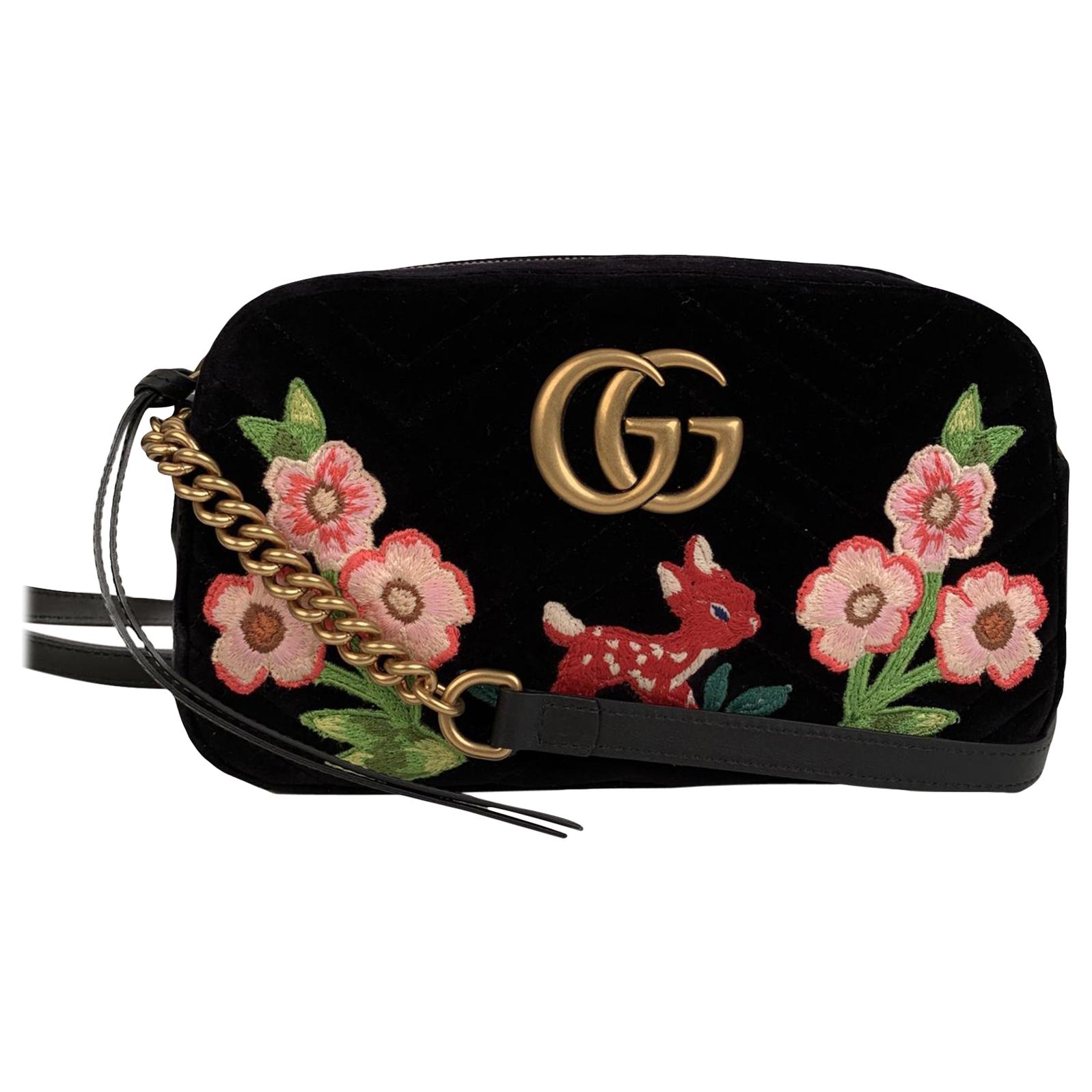 Authentic New Gucci GG Marmont Fuchsia ChevronQuilted Velvet Floral  Shoulder Bag