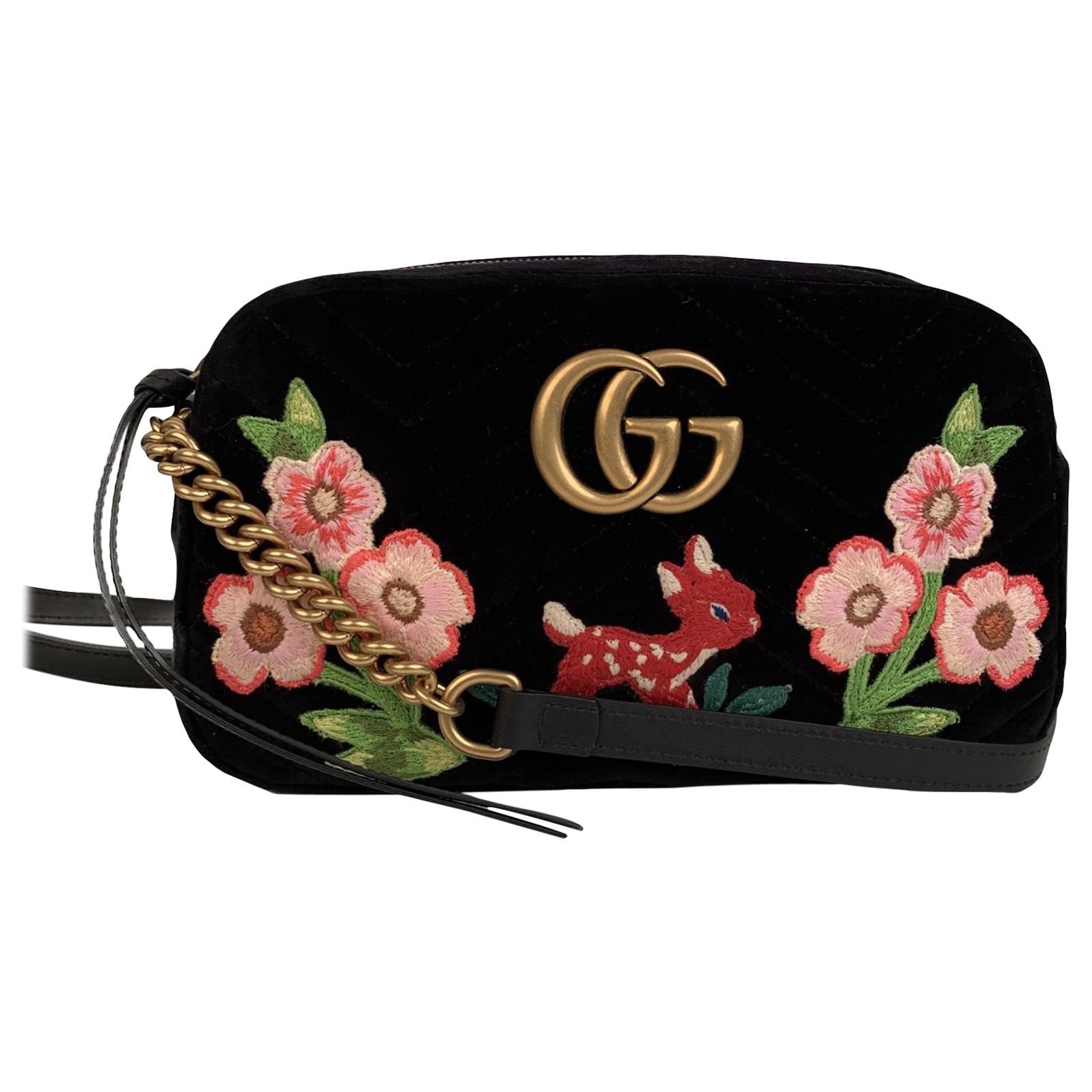 Gucci Black Matelass Velvet GG Marmont Bambi Crossbody Bag