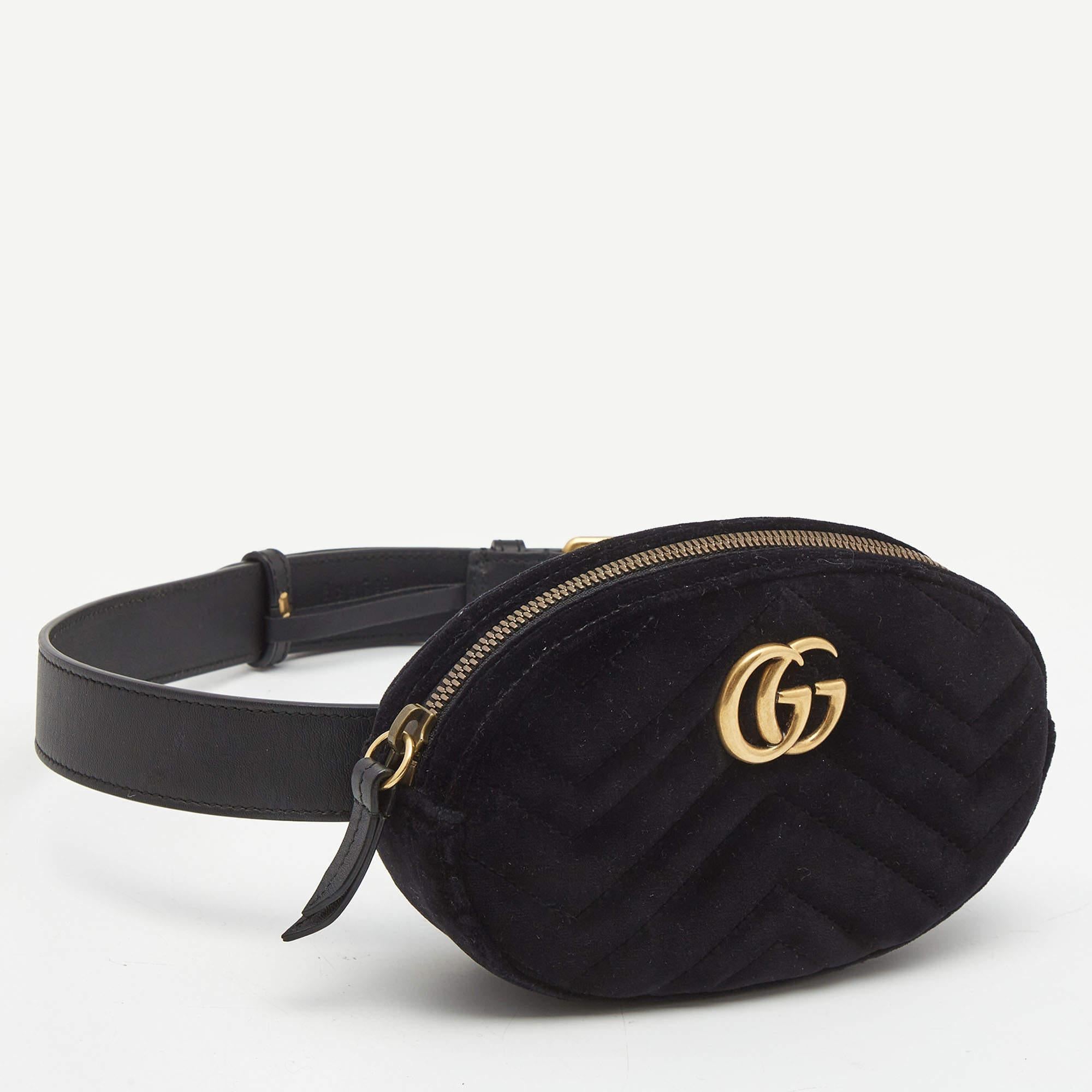 Women's Gucci Black Matelassé Velvet GG Marmont Belt Bag