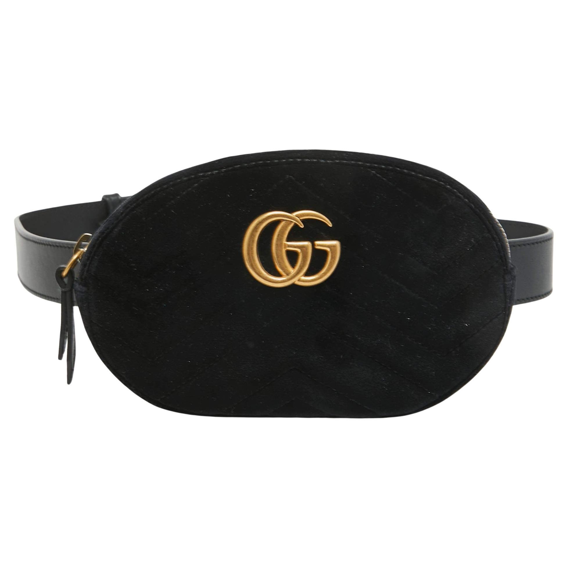 Gucci Black Matelassé Velvet GG Marmont Belt Bag