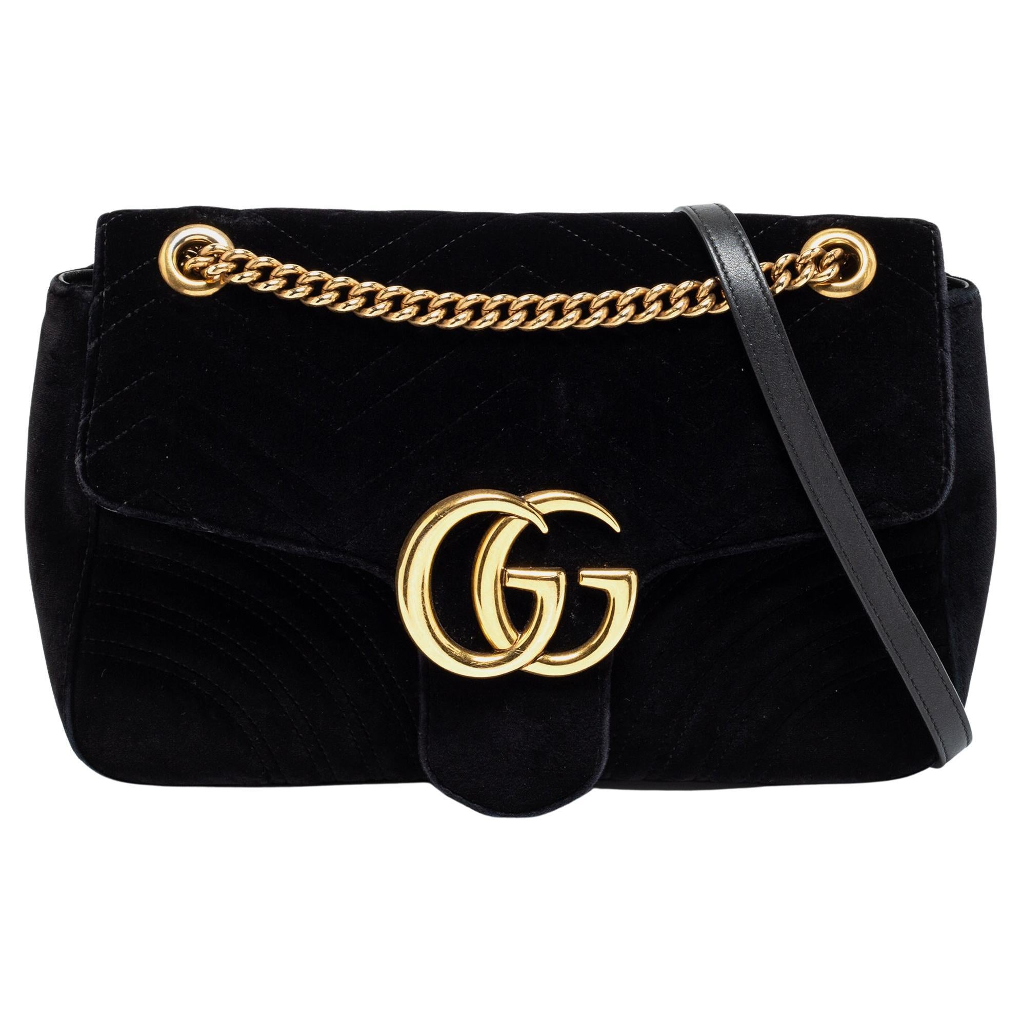 Gucci Black Matelassé Velvet Medium GG Marmont Shoulder Bag