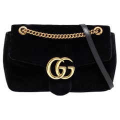 Gucci Black Matelassé Velvet Medium GG Marmont Shoulder Bag