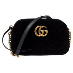 Gucci Black Matelasse Velvet Small GG Marmont Shoulder Bag