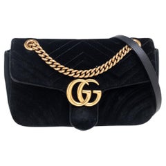 Gucci Black Matelassé Velvet Small GG Marmont Shoulder Bag