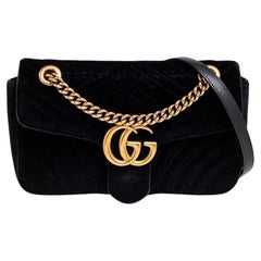 Gucci Black Matelassé Velvet Small GG Marmont Shoulder Bag