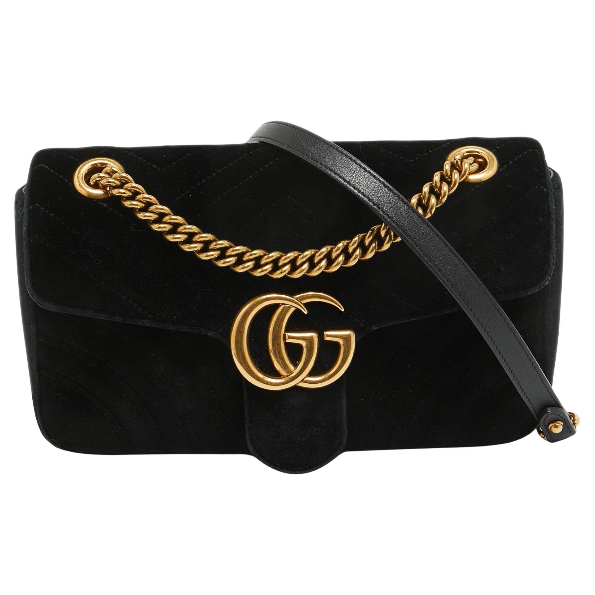 Gucci Black Matelassé Velvet Small GG Marmont Shoulder Bag For Sale