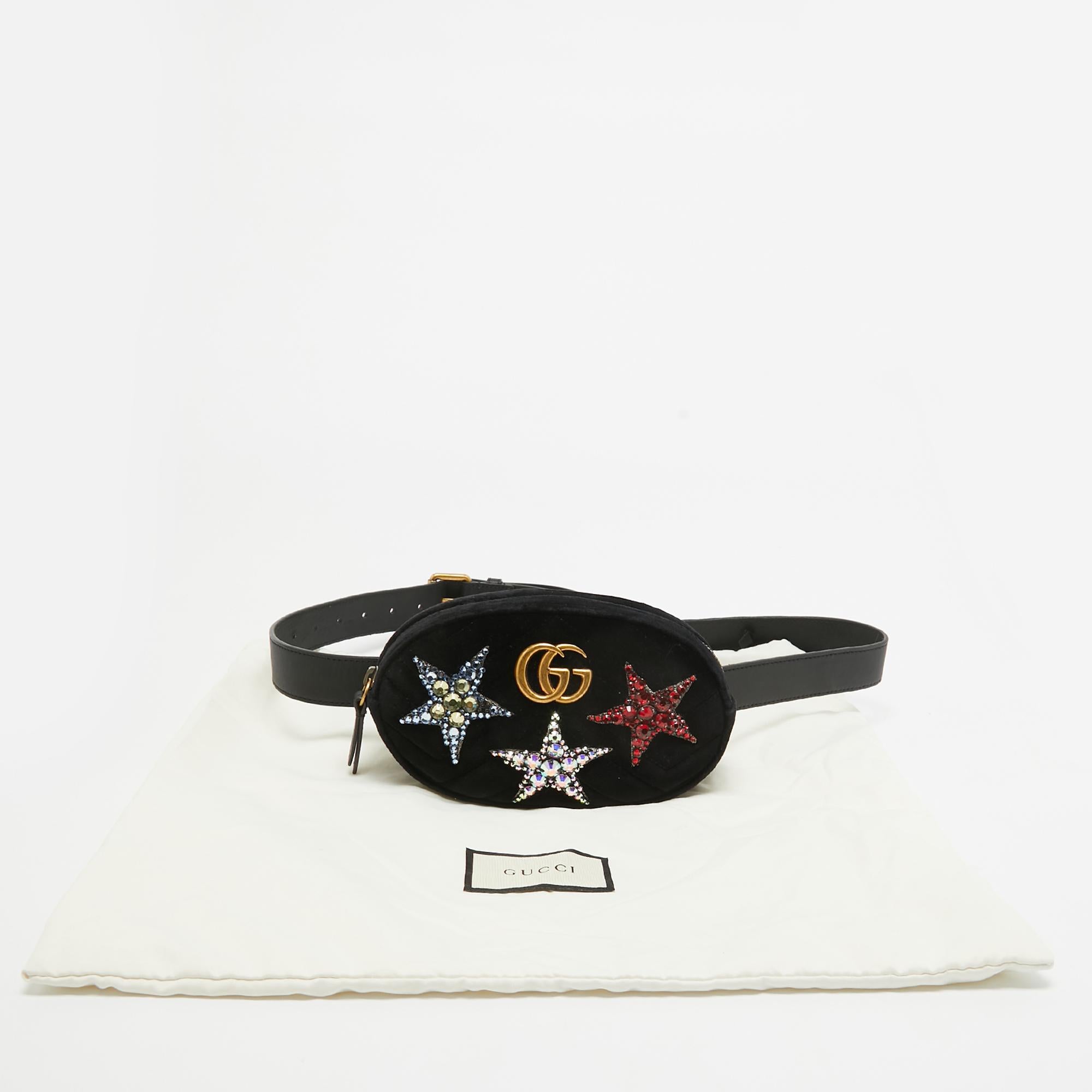 Gucci Black Matelassé Velvet Star Crystal GG Marmont Belt Bag For Sale 8