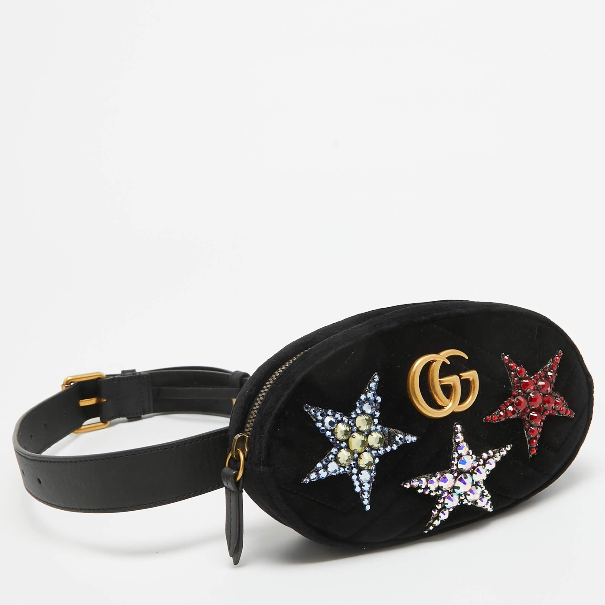 Women's Gucci Black Matelassé Velvet Star Crystal GG Marmont Belt Bag