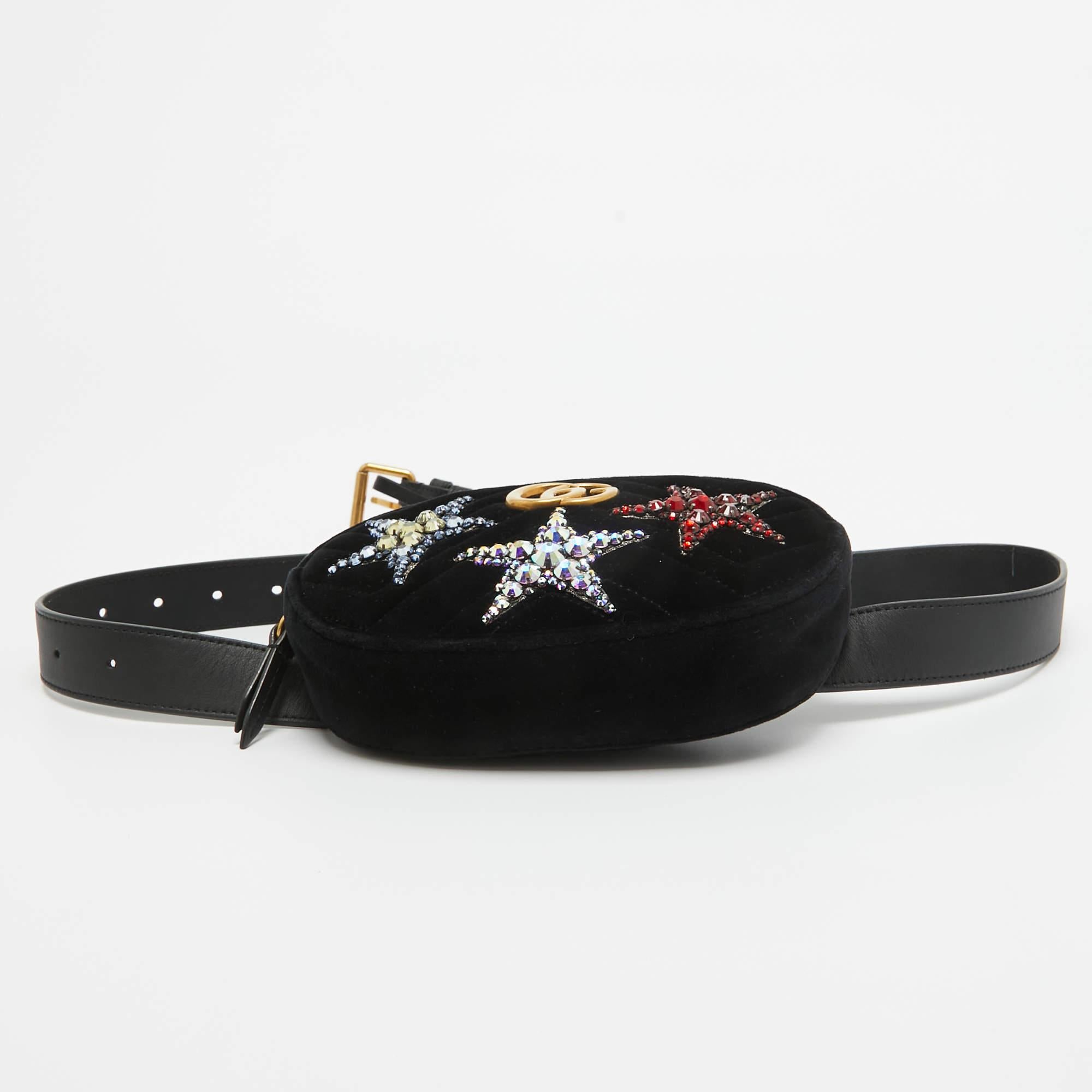 Gucci Black Matelassé Velvet Star Crystal GG Marmont Belt Bag 1
