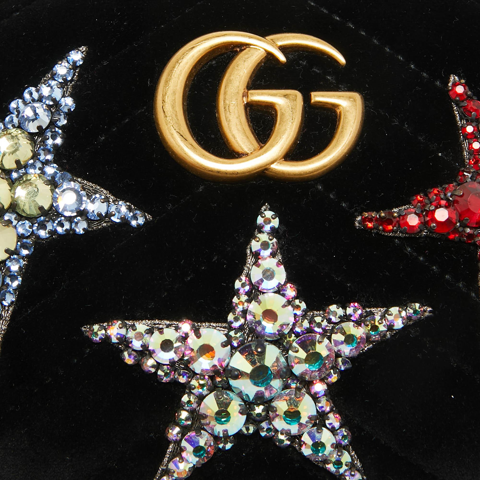 Gucci Schwarze Matelassé-Samt Star Crystal GG Marmont Gürteltasche im Angebot 2