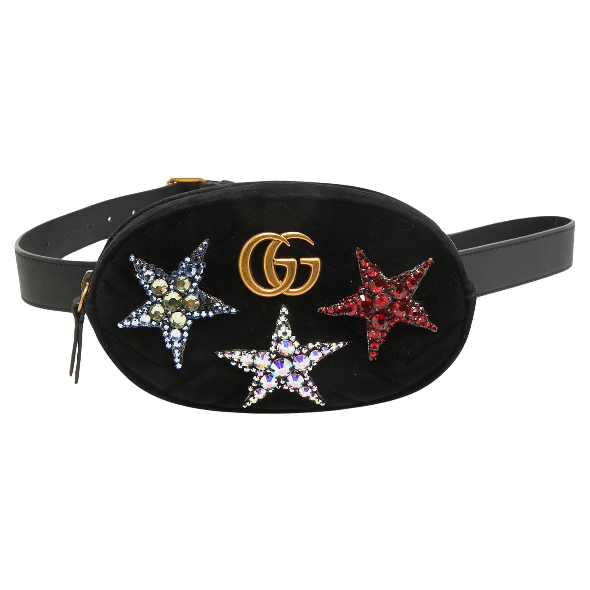 Gucci Black Matelassé Velvet Star Crystal GG Marmont Belt Bag