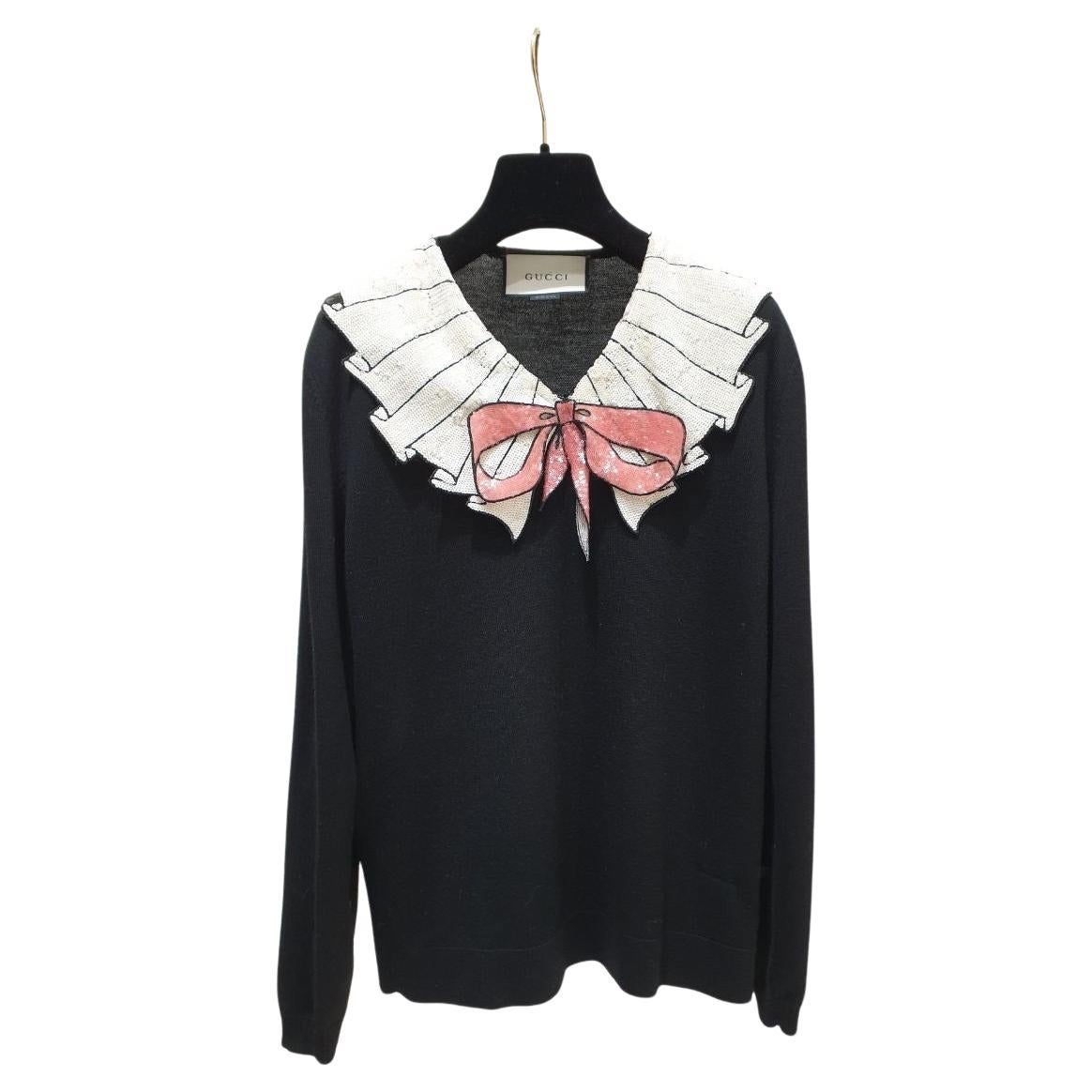 Gucci Black Merino Wool Ruffle Bow Sweater - Sz.M