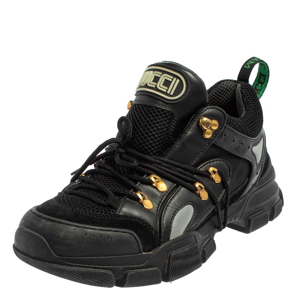 Inspired by hiking, the Gucci Flashtrek sneakers are a stylish take on the chunky shoe trend. Mounted atop a thick sole, these kicks are constructed from leather, nylon, mesh, and suede and accented with the label’s SEGA-inspired logo on the