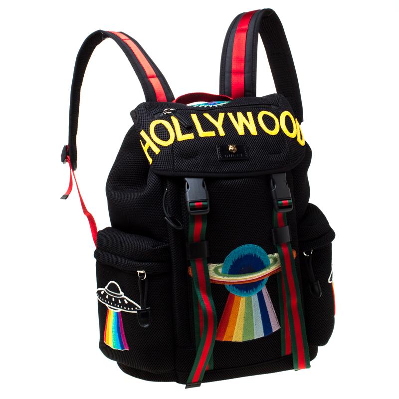 Gucci Black Mesh Fabric Hollywood Embroidered Backpack In New Condition In Dubai, Al Qouz 2