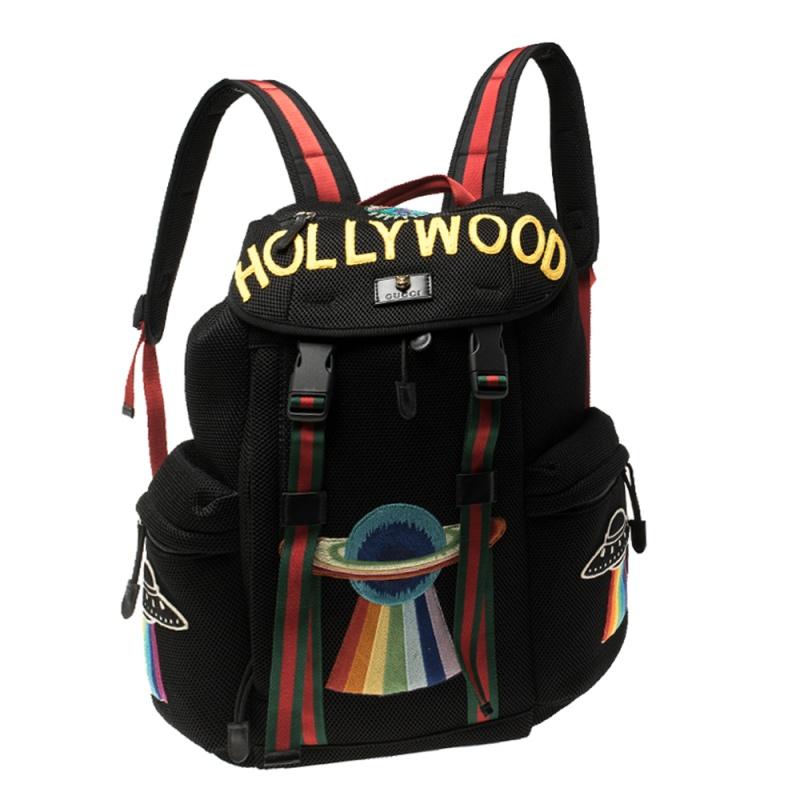 Gucci Black Mesh Fabric Hollywood Embroidered Backpack In Good Condition In Dubai, Al Qouz 2