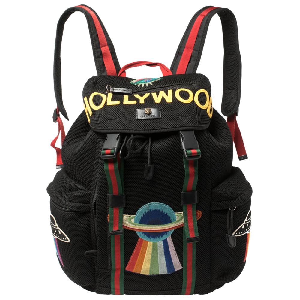 Black Mesh Fabric Hollywood Embroidered Backpack at 1stDibs | gucci hollywood backpack, black backpack mens, gucci backpack