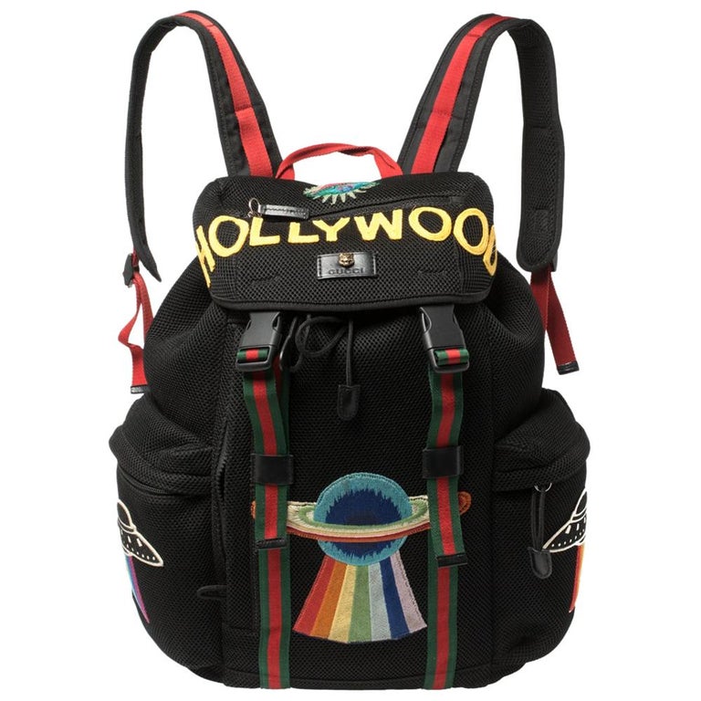 Gucci Black Mesh Fabric Hollywood Embroidered Backpack at 1stDibs