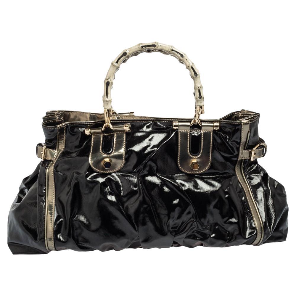 Gucci Black/Metallic Coated Canvas and Leather Dialux Pop Bamboo Tote