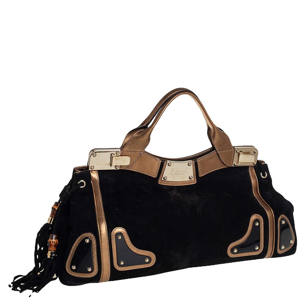Women's Gucci Black/Metallic Gold Suede and Leather Satchel