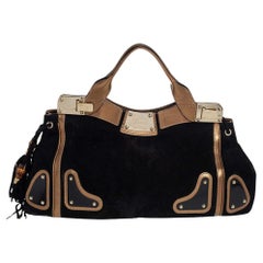 Gucci Black/Metallic Gold Suede and Leather Satchel
