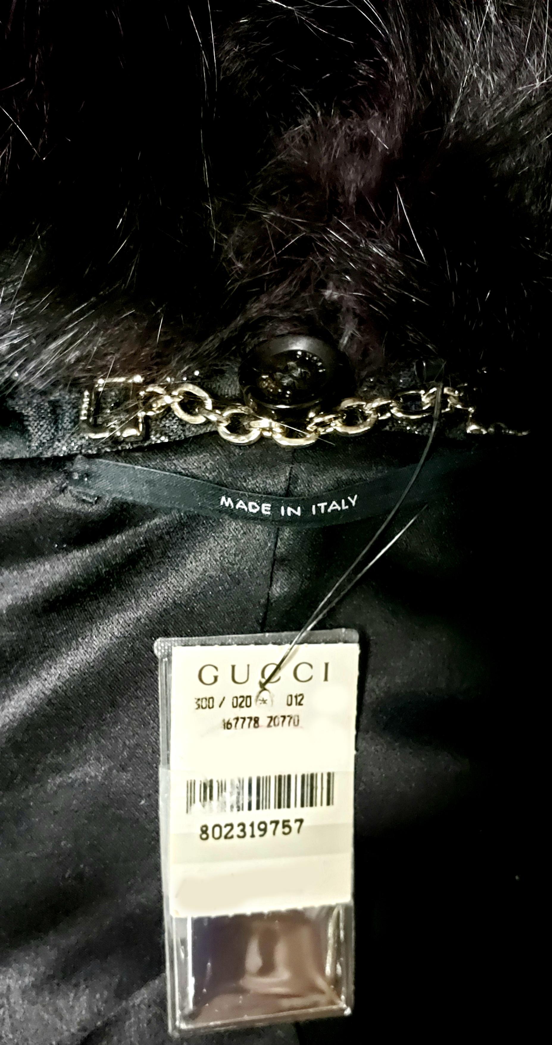 GUCCI Black Metallic Jacquard Cropped Jacket with Fox Fur 1