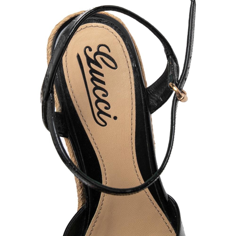 Gucci Black Micro Guccissima Patent Leather Penelope Espadrille Wedges Size 38 In Good Condition In Dubai, Al Qouz 2