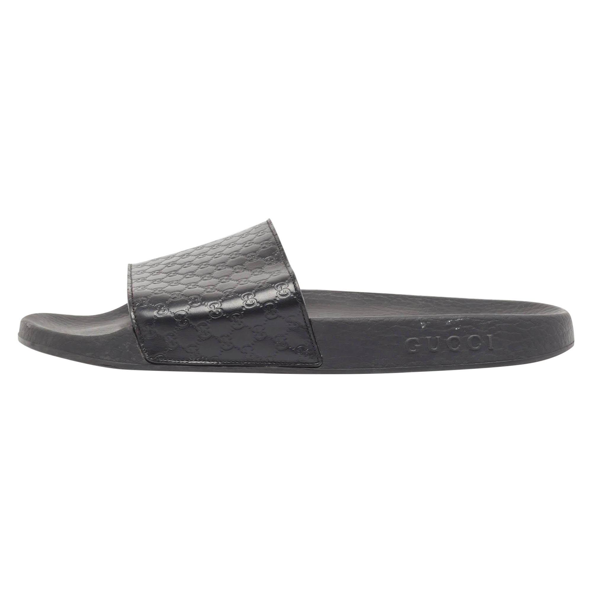 Gucci Black Microguccissima Leather Flat Slides Size 43