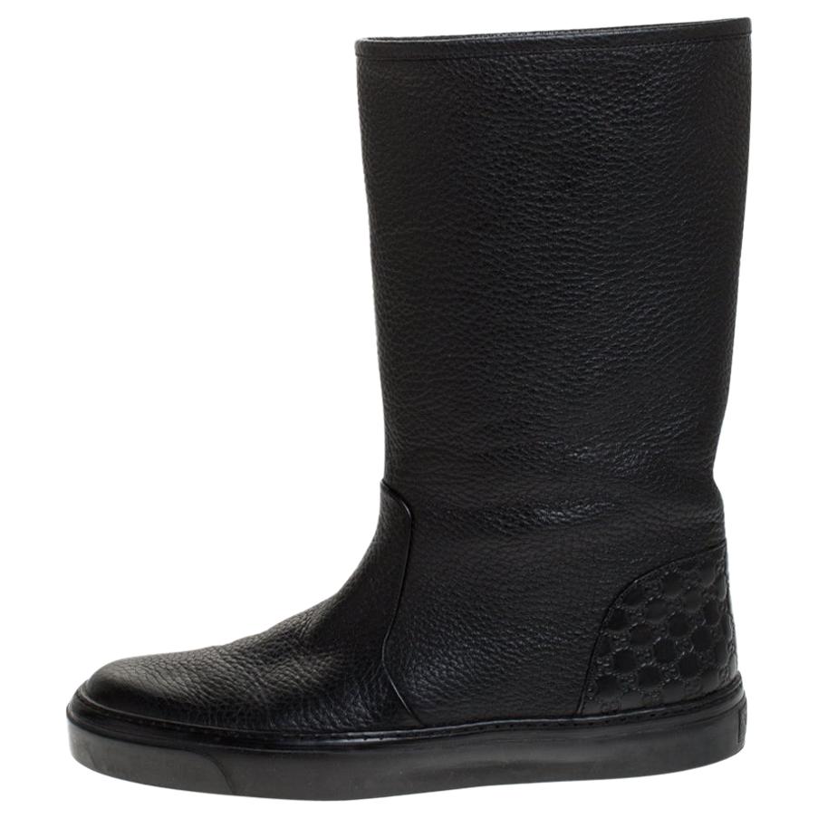 Gucci Black Microguccissima Leather Mid Calf Rain Boots Size 38