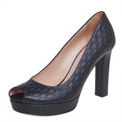 Gucci Black Microguccissima Leather Peep Toe Platform Pumps Size 37