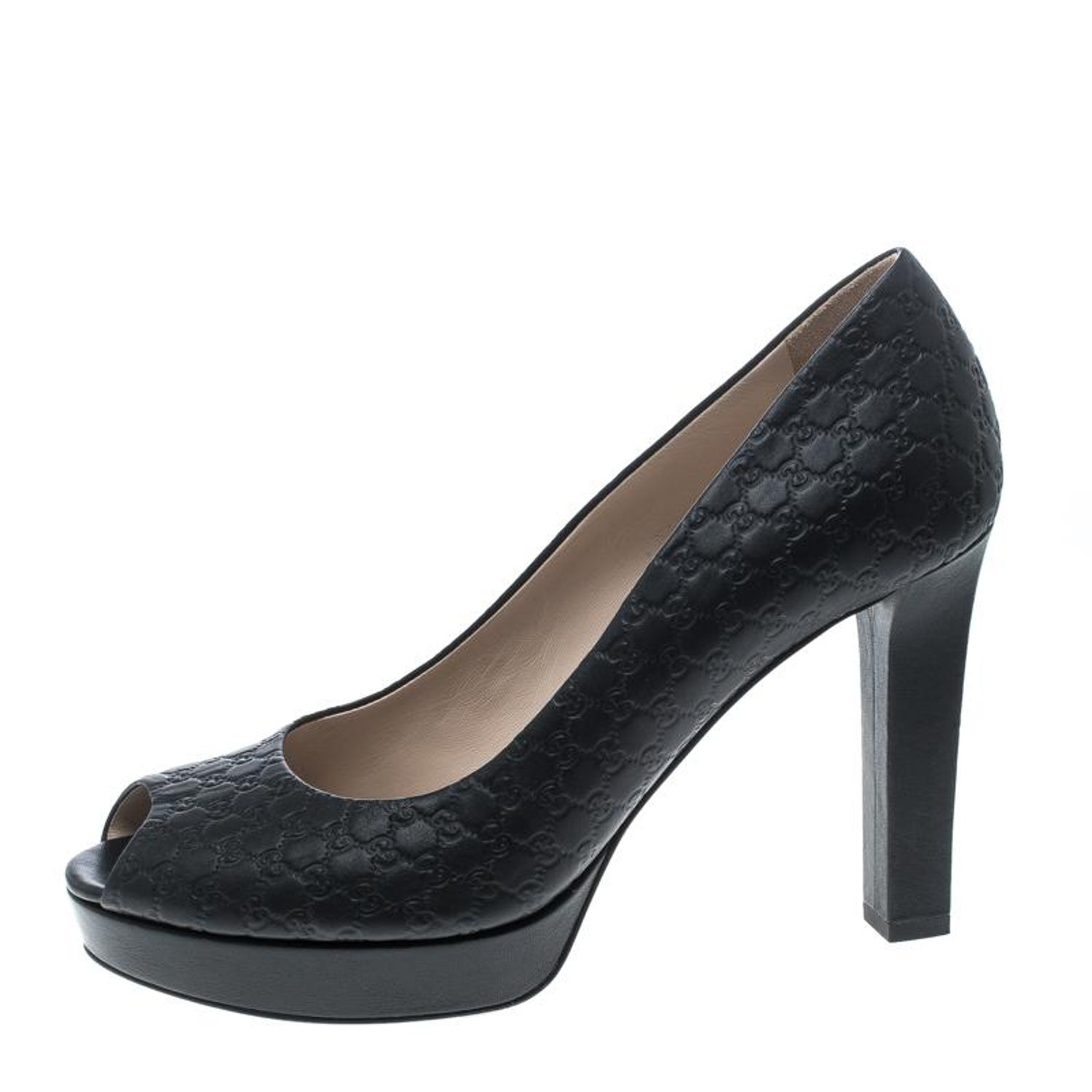 Gucci Black Microguccissima Leather Peep Toe Platform Pumps Size 40 For  Sale at 1stDibs