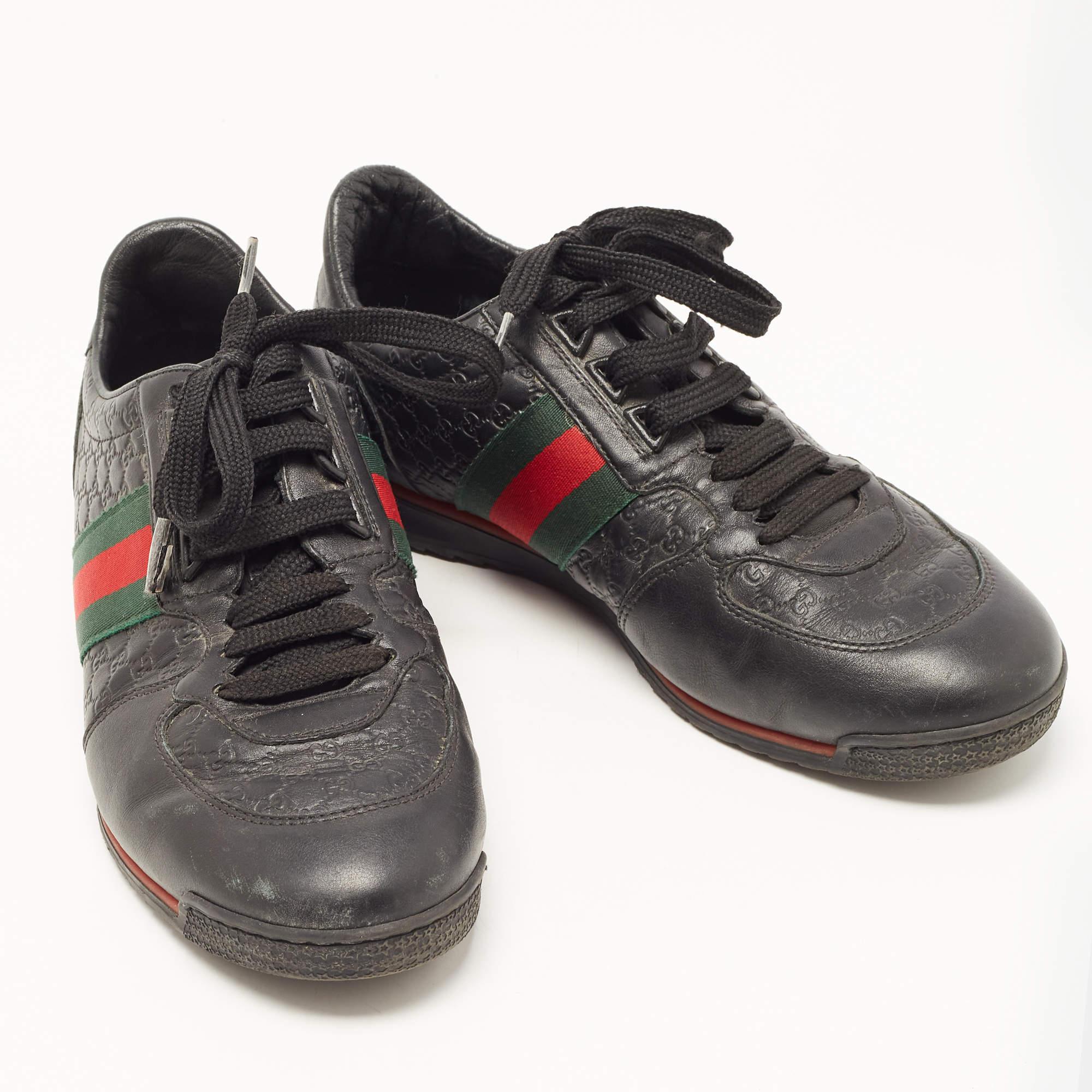 Men's Gucci Black Microguccissima Leather Web Low Top Sneakers Size 40.5 For Sale